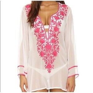 Ella Moss Stella  Beach Tunic White Sheer Chiffon Pink Embroidered NWOT $145